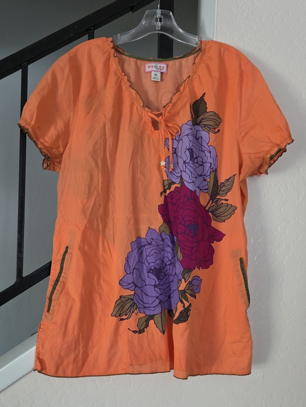 koi Orange Floral Tie-Front Tunic with Purple & Magenta Blooms Size XL